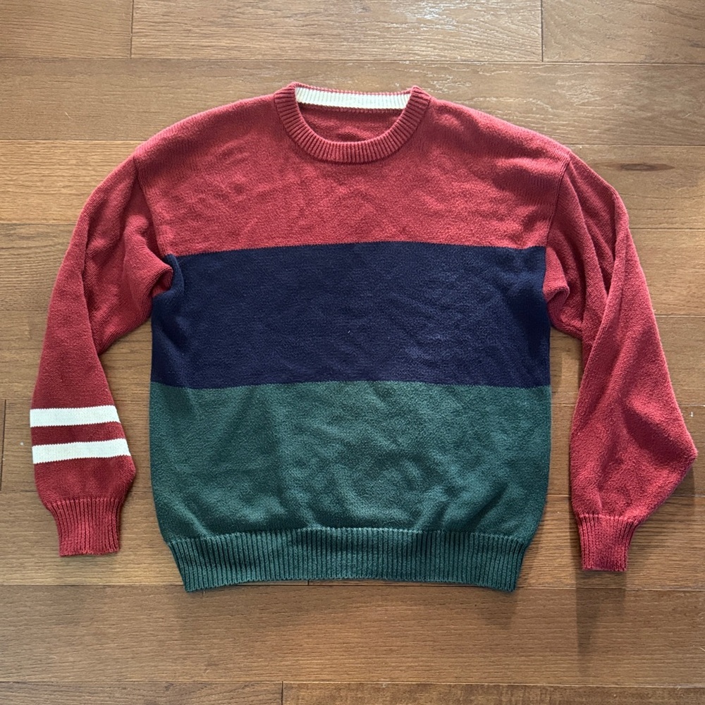 Vintage Men's Colorblock Crewneck Sweater - Red, Navy & Green w/ White Stripes